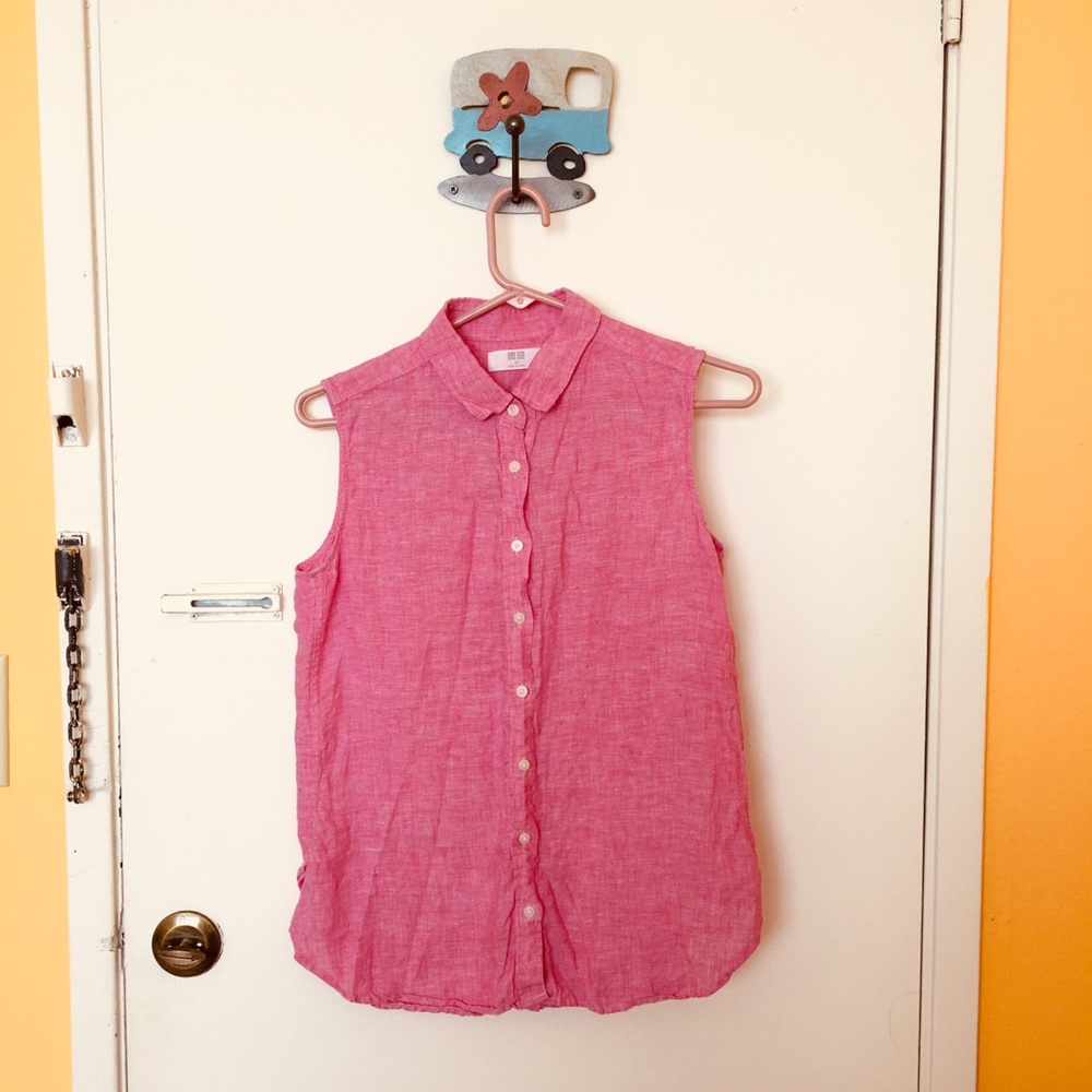 Sleeveless Linen Collared Button Down Blouse/Shirt